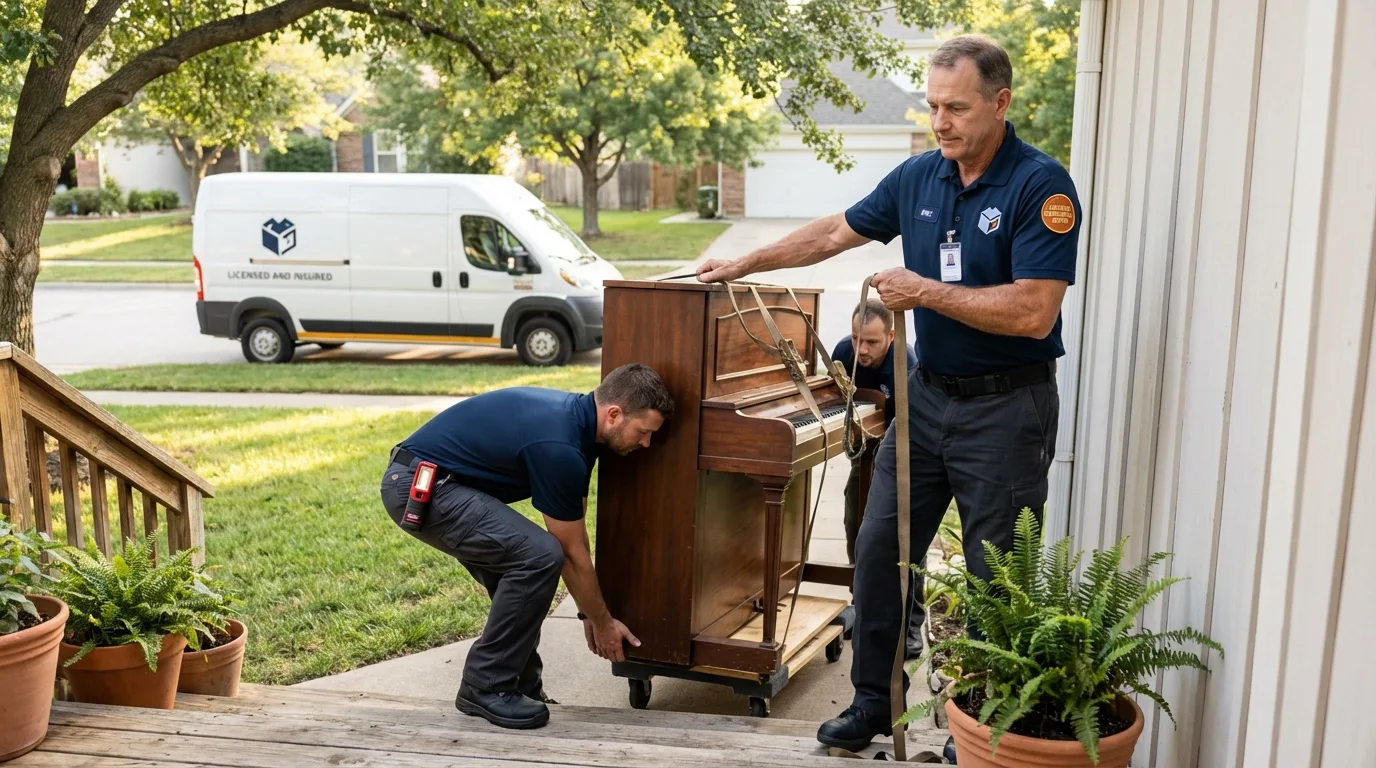 Licensed piano movers securing grand piano in Medicine Lodge, KS
