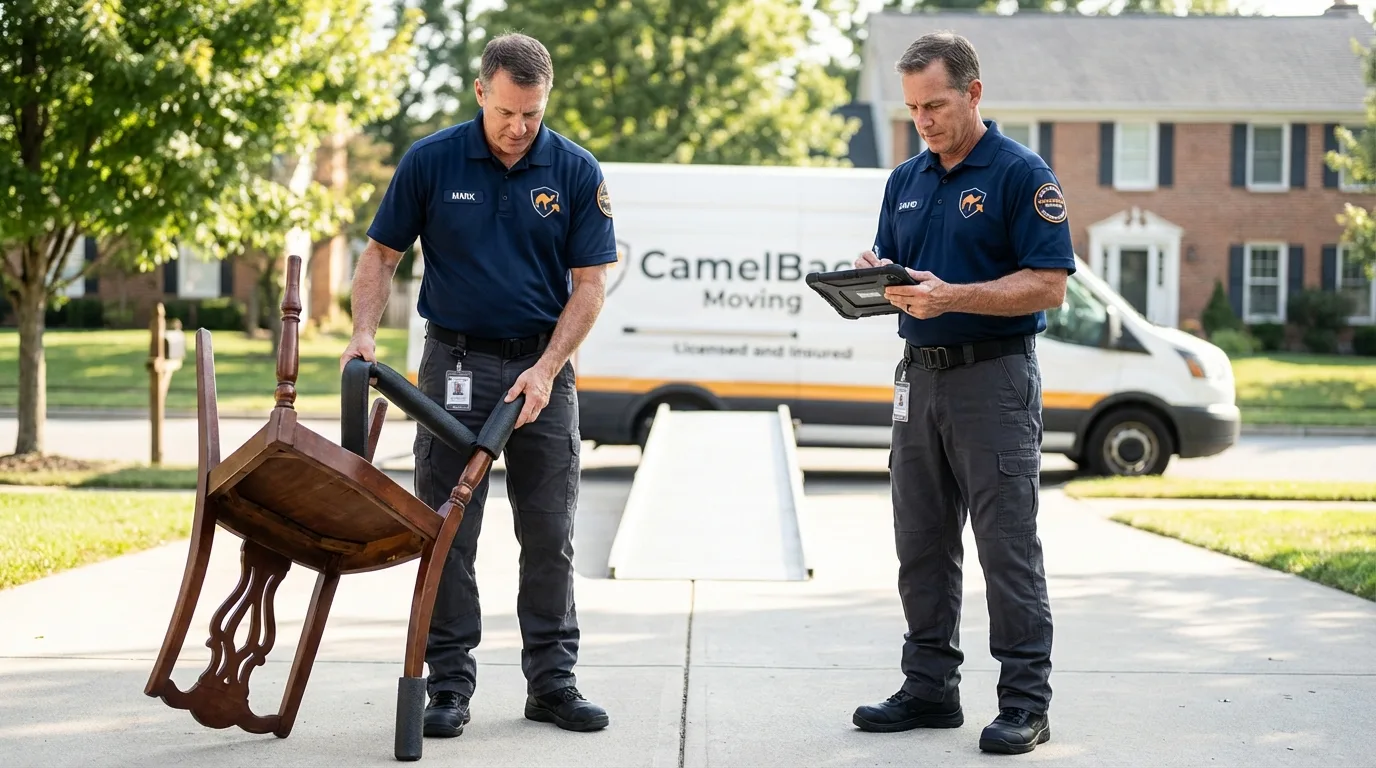 Movers inspecting furniture for damage prevention before loading in Medicine Lodge, KS