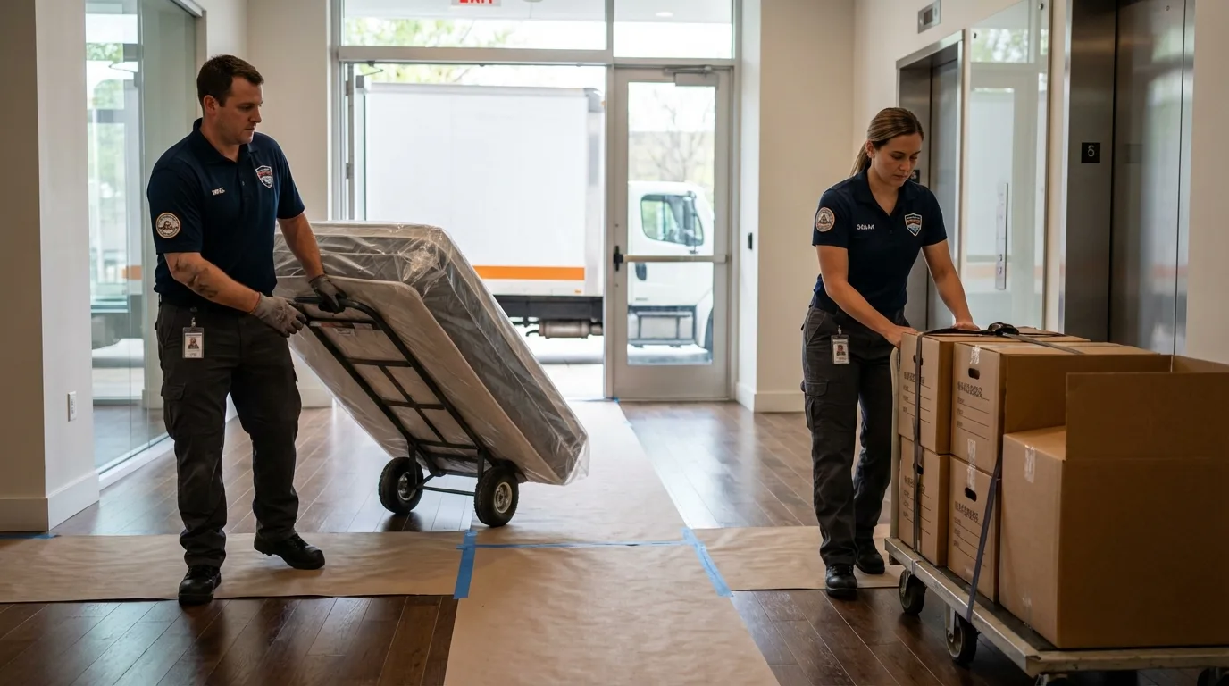Professional apartment movers loading elevator in Medicine Lodge, KS