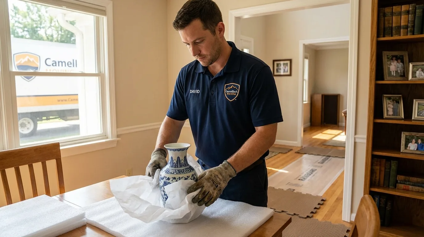 Professional crew carefully wrapping antique vase for senior downsizing move in Medicine Lodge, KS